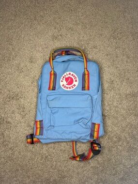 Fjallraven Kanken Small Light Blue Backpack with Rainbow Straps